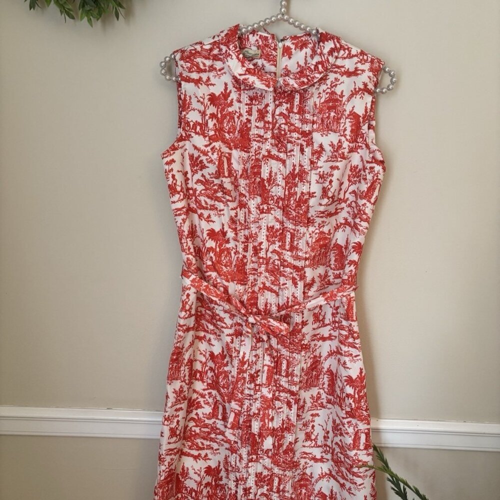 Vintage McMullen Red/White Toile Horses Print Sleeveless Dress